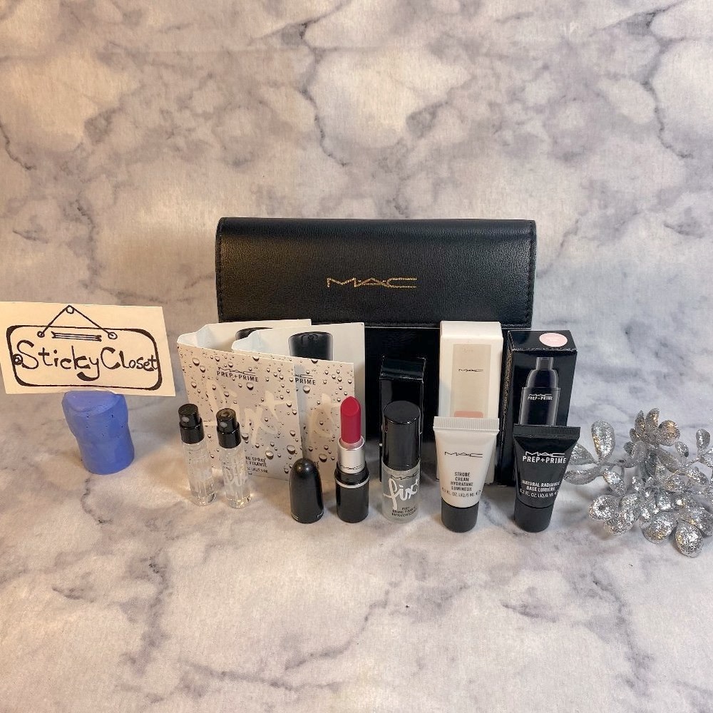 MAC Beauty Gift Set-Black Pouch,Lipstick,Primer,Hydration& Setting Spray-7pc-NEW